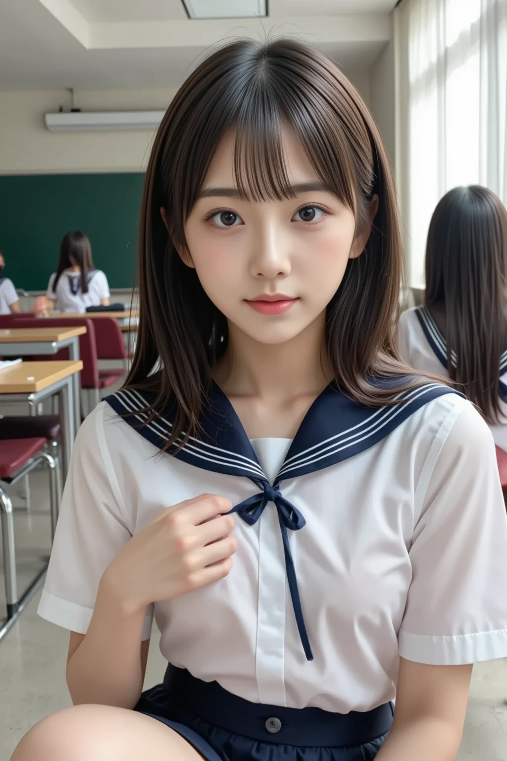 (nsfw:1.2), (masterpiece, Best Quality:1.2), A Japanese high school girl, Sailor school uniform, (I lifted my sailor shirt,　Chest exposed),  very cute face、 beautiful style,  in the school classroom, 