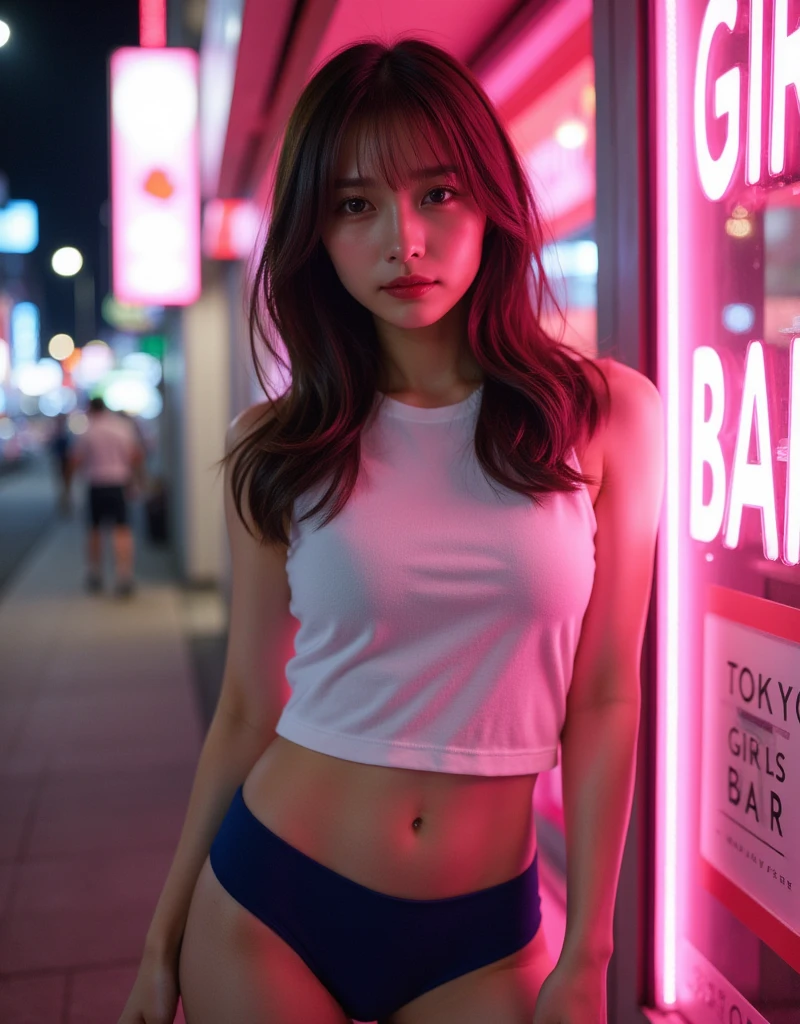 Perfect composition, Proper placement, Golden Ratio, masterpiece, Best Quality, from side:1.331,  A beautiful Japanese woman is standing in front of a convenience store , In the downtown area at night:1.331,  Neon signs illuminate her at night , Stretch out your arms, Squirm,  She's a famous supermodel,  anatomically correct ratio :1.331,  has a small head :1.331, Slender body:1.331,  thin waist:1.331, Thin limbs:1.331,  flat chest:1.331,  Japanese high school gym clothes , white gym shirt , Operate the "Tokyo Girl's Bar"pink text, Navy blue small panties ,  I can see her belly button ,  anatomically correct ratio ,  has a small head茶色の髪,  wavy hair :1.21,  dynamic lighting,  Expression of Absolute Beauty ,