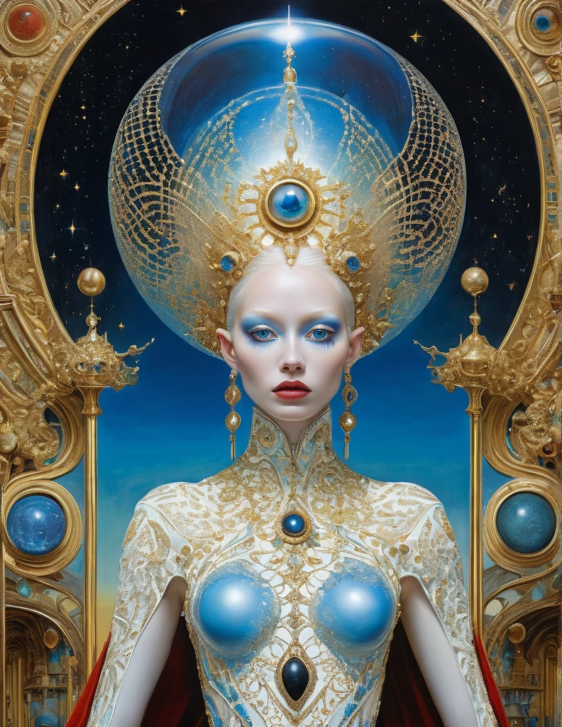 Kay Nielsen, Basil Gogos, Alberto Savinio, James Gurney, Surrealism, Goddess of the Solar System, Supermodel, Full height, 3D rendering, image of a large, luminous alien hologram, porcelain, white face^, albino, realistic, detailed large, blue eyes, large black pupils, golden tattoo, uncut crown, filigree clothing with silver elements, red, blue, gold section, pretty oil painting in the style of Leonor Fini