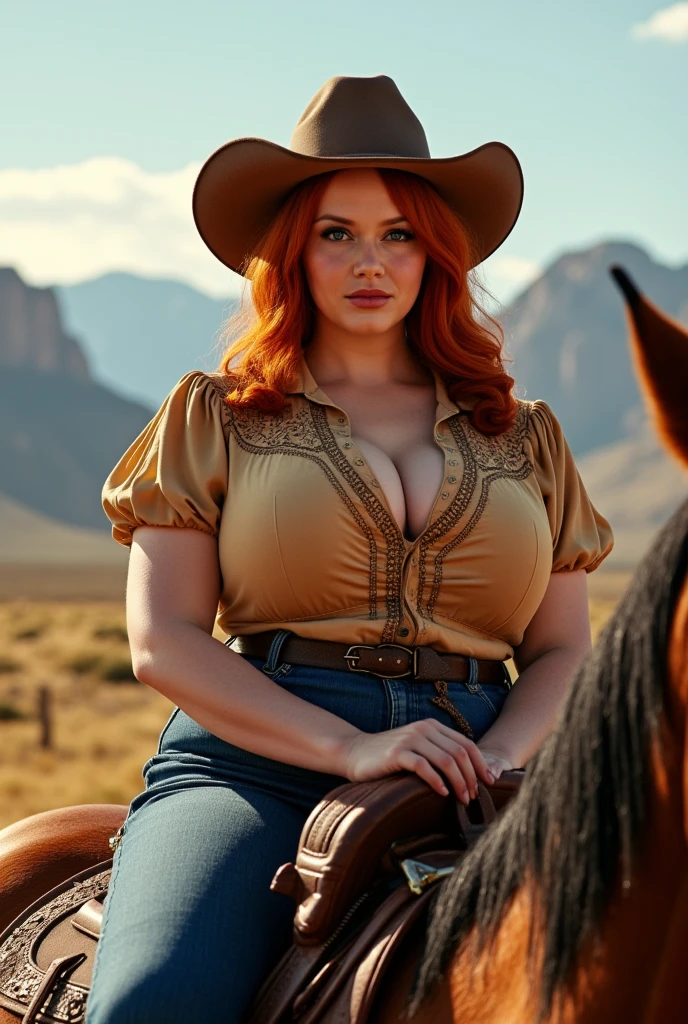 christina hendricks,big breasts in cowboy outfit wearing cowboy hat on horse,cinematic,4k