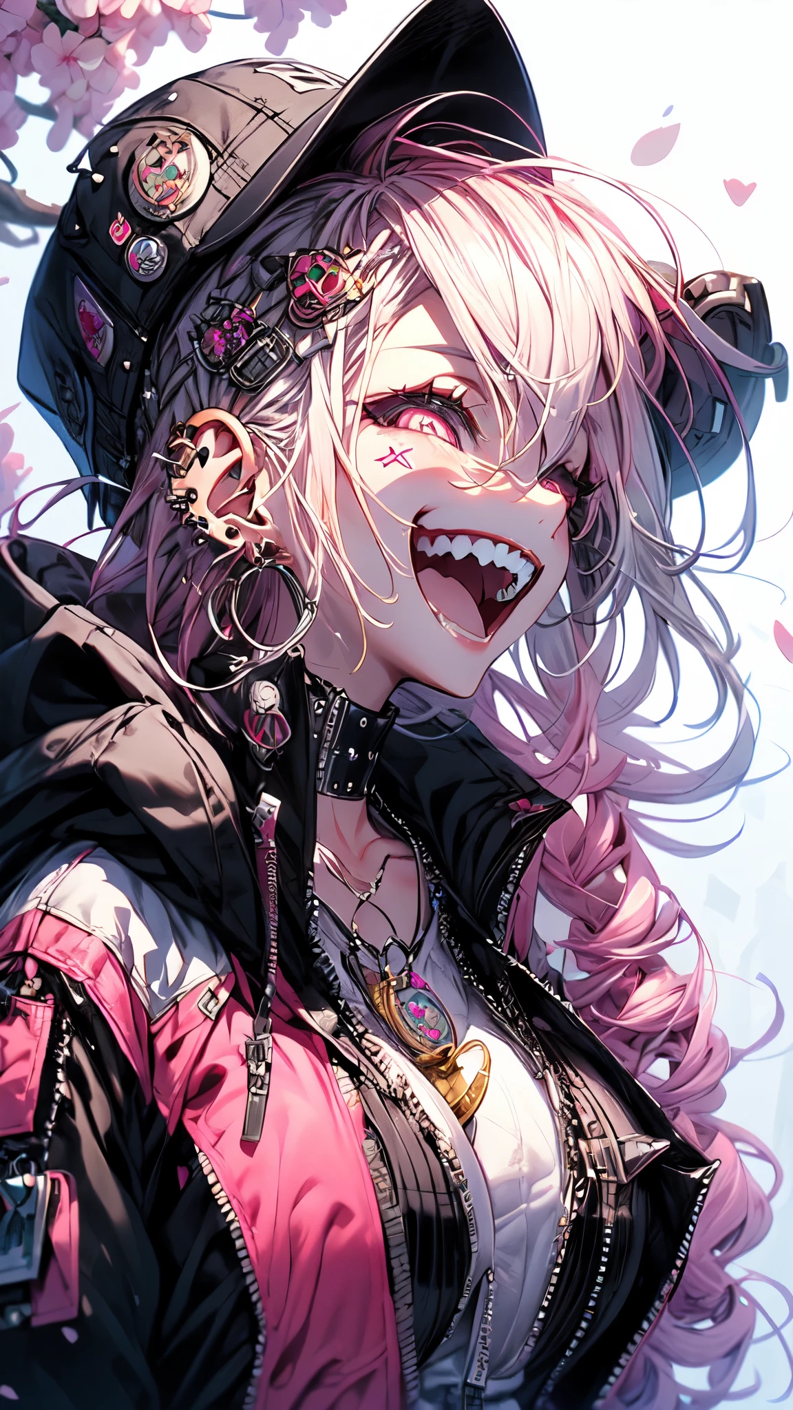 (masterpiece:1.2), best quality,PIXIV, beautiful Rebellious girl,portrait,
1girl, hat, open mouth, glossy lips, pink hair, solo, mischievous smile, long hair, white background, jewelry, badge, button badge, hood, pink eyes, earrings, simple background, harajuku inspired jacket, long eyelashes, from side, hood down, star (symbol), profile, upper body, clothes writing, zipper, collar, massive accentuated super huge enormously gigantic breasts, chain, sexy seductive, cherry blossoms blowing in the wind, hat ornament, piercing, barcode, portrait, sticker, hoodie, smile, spikes, baseball cap