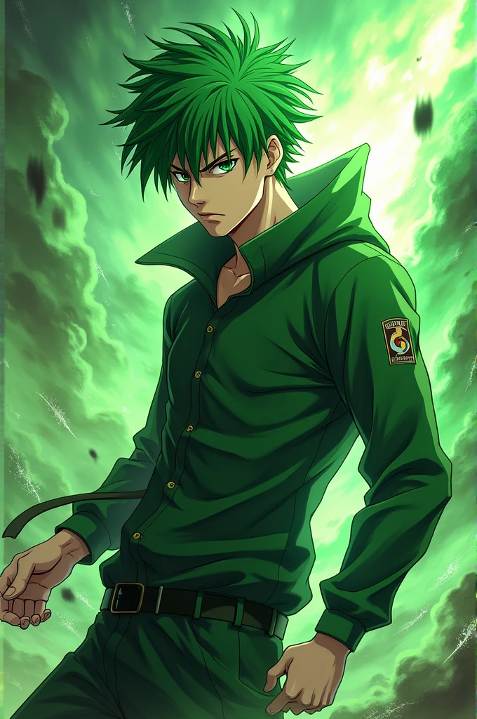 Cowboy Bebop's Spike Spiegel, cool and nonchalant bounty hunter, distinct appearance, fluffy green hair, blue suit, cigarette dangling from his lips