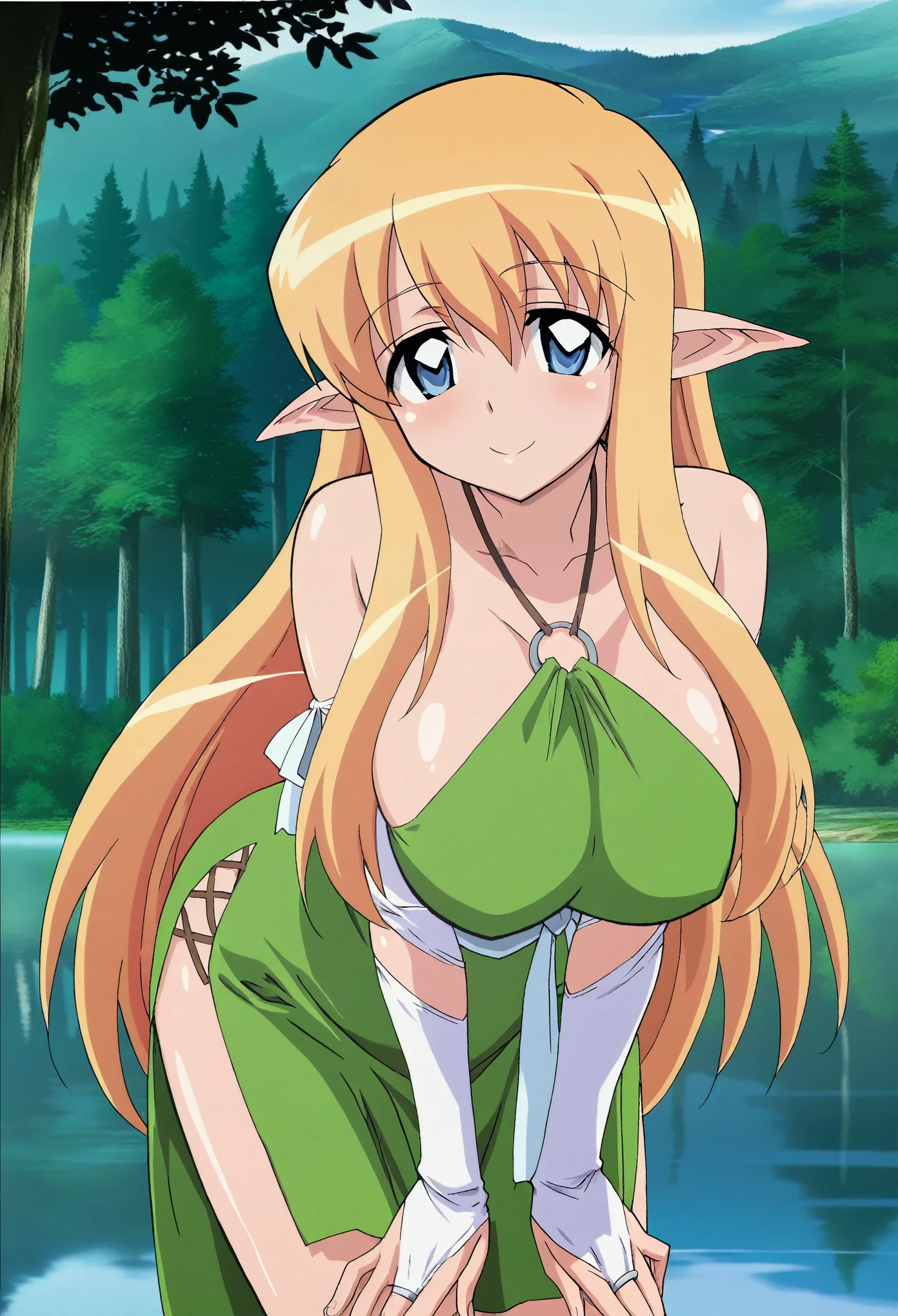 anime screencap, (ceiling:1.2), masterpiece, best quality, high resolution, 2D, anime cels, (perspective:1.2), tifania, The Familiar of Zero, blue eyes, elf, long hair, pointy ears, blonde hair, sagging large breasts, cleavage, green micro bikini, 1girl, (nose blush:1.2), (embarrassed:1.2), (thigh focus, crotch focus:1.4), (from below:1.4), spread legs, looking at viewer, standing, (sweat:1.2)