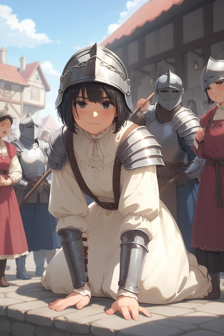 female knight　armor　tiara　Black Hair　Shortcuts　Torn white miniskirt　Torn white tights　battlefield　In combat　Holding back tears　White panties　Sisters