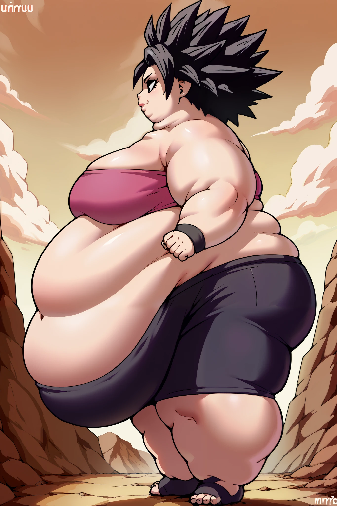 Girl becoming a monster, becoming a troll, fat, chubby, obese, tube top, black bike shorts, 1girl, 1girl, caulifla, spiked hair, black hair, black eyes, no pupils, big ears, big nose, big lips, 900 pounds, 10 ft tall, hunchback, broad shoulders, big belly, gigantic arms and legs, smile, side view 