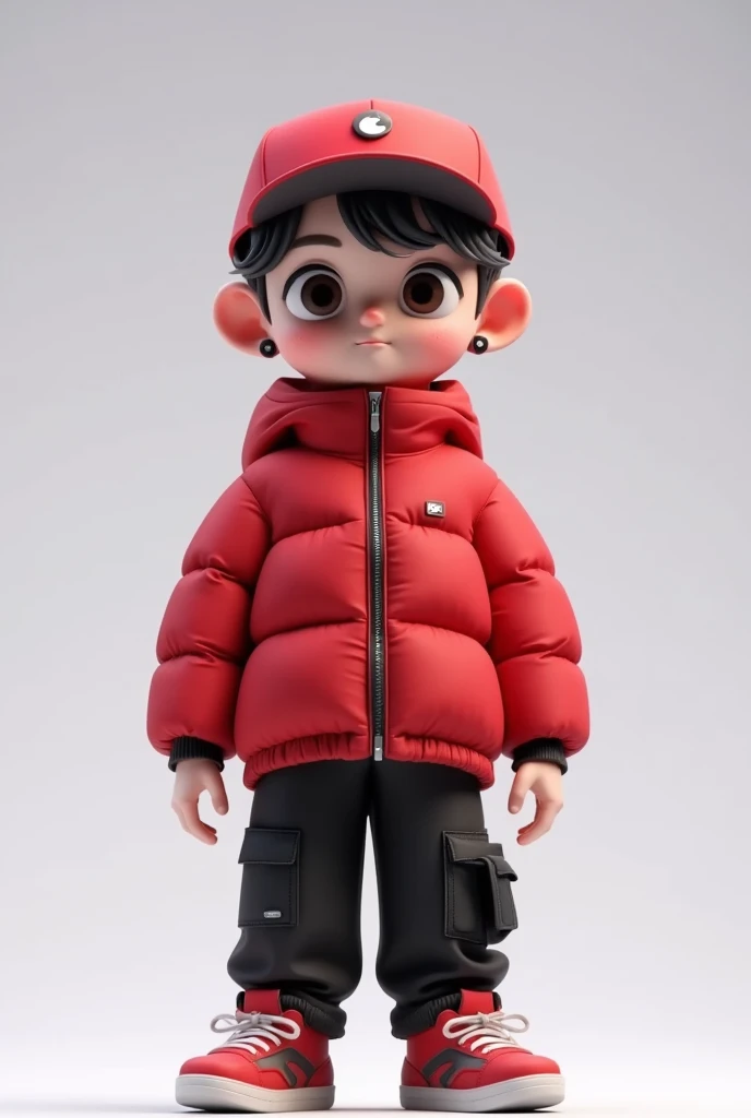 Loving cartoon model ， cute boy with big eyes，Red down jacket，Peaked Cap