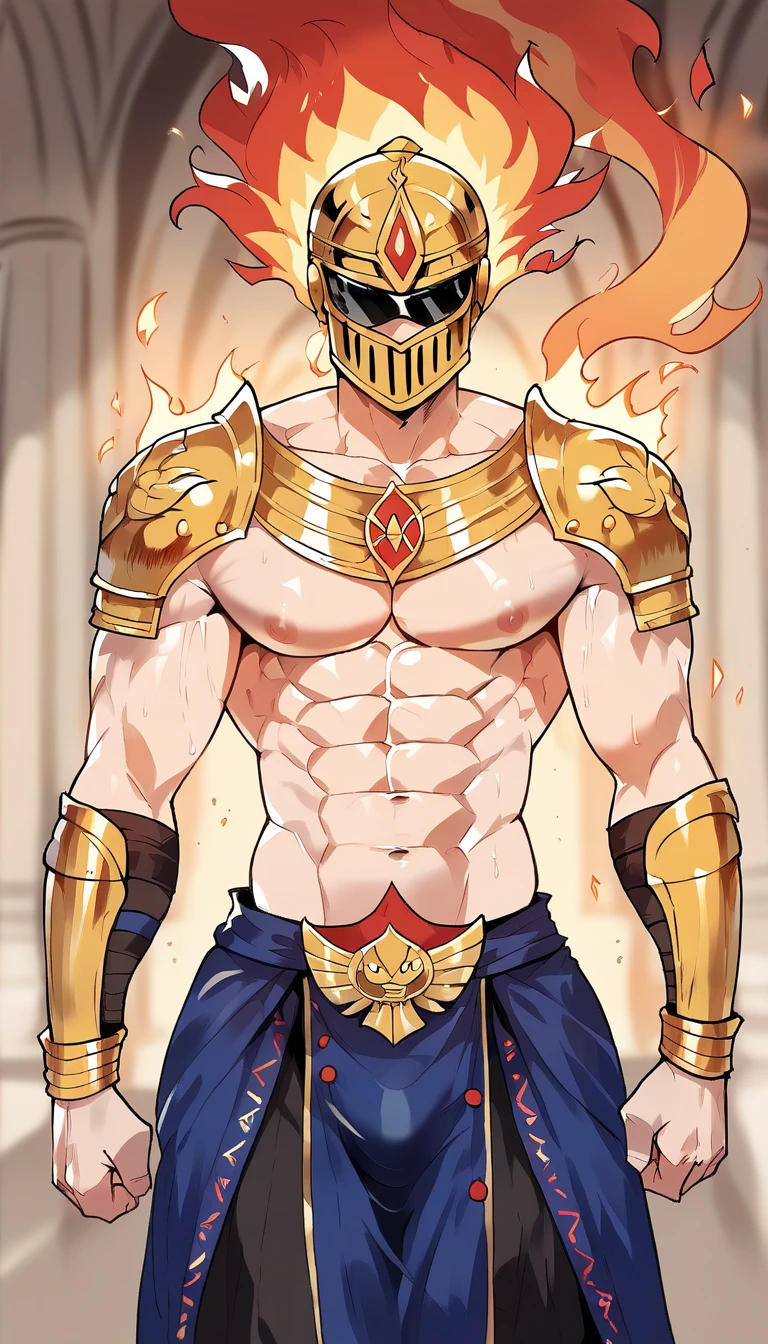 In his transformation, the young Japanese delinquent becomes an imposing figure, marked by a fusion of ancient power and fire. His thin body takes on an almost mythical air, as each muscle contour now seems to be faintly illuminated by an internal flame, as if fire were running through his veins. His skin acquires a faint reddish glow, reflecting the heat of this intense energy, and a flaming aura surrounds his body, oscillating as if he were in controlled combustion. On his head appears a helmet inspired by Greek warriors, but composed entirely of living fire. The structure of the helmet has a crest-shaped top, reminiscent of the helmets of ancient hoplites, except that instead of feathers or metal, this crest is an intense flame, which rises in an incandescent glow of orange and red, with sparks dancing around it. The visor of the helmet is semi-open, with contours that highlight his features, allowing his eyes to be visible;  His eyes, in fact, now glow like embers, with deep red irises that exude a serene fury. Over his shoulders, he carries an ethereal armor, as if made of plates of solid fire, in shades of red and gold. The armor covers his chest and shoulders in a symbolic way, projecting in angular shapes that resemble the coats of arms of ancient warriors, but leaving his arms free for quick movement. The flames that make up this armor sway with each movement, providing a visual spectacle as if he were a figure straight out of myth. In his hands, weapons appear that also follow the Greek style, but made entirely of fire. In one hand, he wields a flaming spear, the tip of which glows intensely and emits small flames each time he moves it. This spear is long and elegant, with carvings that seem to be carved in liquid fire, giving it an imposing and at the same time dangerous design.  In his other hand he holds a round shield, of the type used by ancient Greek warriors, but its outline is of fire, with a central emblem of a phoenix, which seems to move in a hy