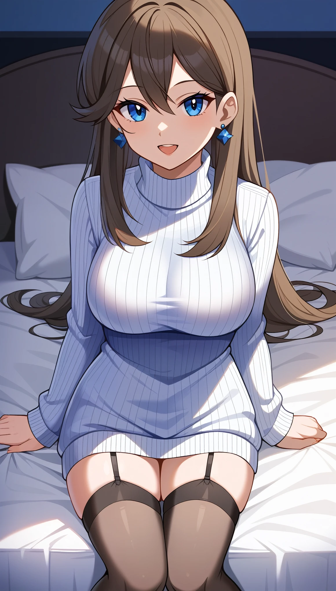  score_9,  score_8_Excellent,  score_7_Excellent,  score_6_Excellent, Best Quality, sauce_Anime,  cell shading ,  flat color, vector,  detailed background , indoor, bedroom,  bed, indoor,  break 1 girl , Alone, (\ Pokémon\), Brown Hair, Long Hair,  blue eyes,  black knee-high stockings , Ample breasts,  viewers, 1 Female , Age 18,  Sexy Poses, whole body,  Slim Body , Midnight,  seductive smiles from all around,  provocative smile, white long sleeve vertical stripe sweater, Absolute territory,  putting one hand on the waist ,  is standing,  tall, bare hands, No gloves, Moe sleeves, blue earring