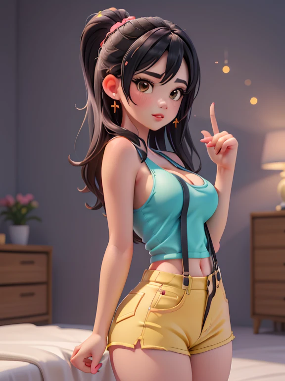 (best quality: 1.4), (glowing skin), body focus, (pretty face), (((best quality))), illustration, ((Pretty finger)), , Beautiful body, Beautiful character design, ,perfect lighting, colorful, Bright_Frontlighting, ultra high resolution, high resolution, absurd: 1.2, bokeh: 1.2, lens flare, (vibrant color: 1.2), (Pretty, medium breasts: 1.4),
((masterpiece)), ((best quality)), (detailed), perfect, solo, peach, gorgeous woman, full lips, long hair, huge breasts, deep cleavage, thick thighs, big ass, sexy, yellow small tank top, micro shorts, red suspenders,