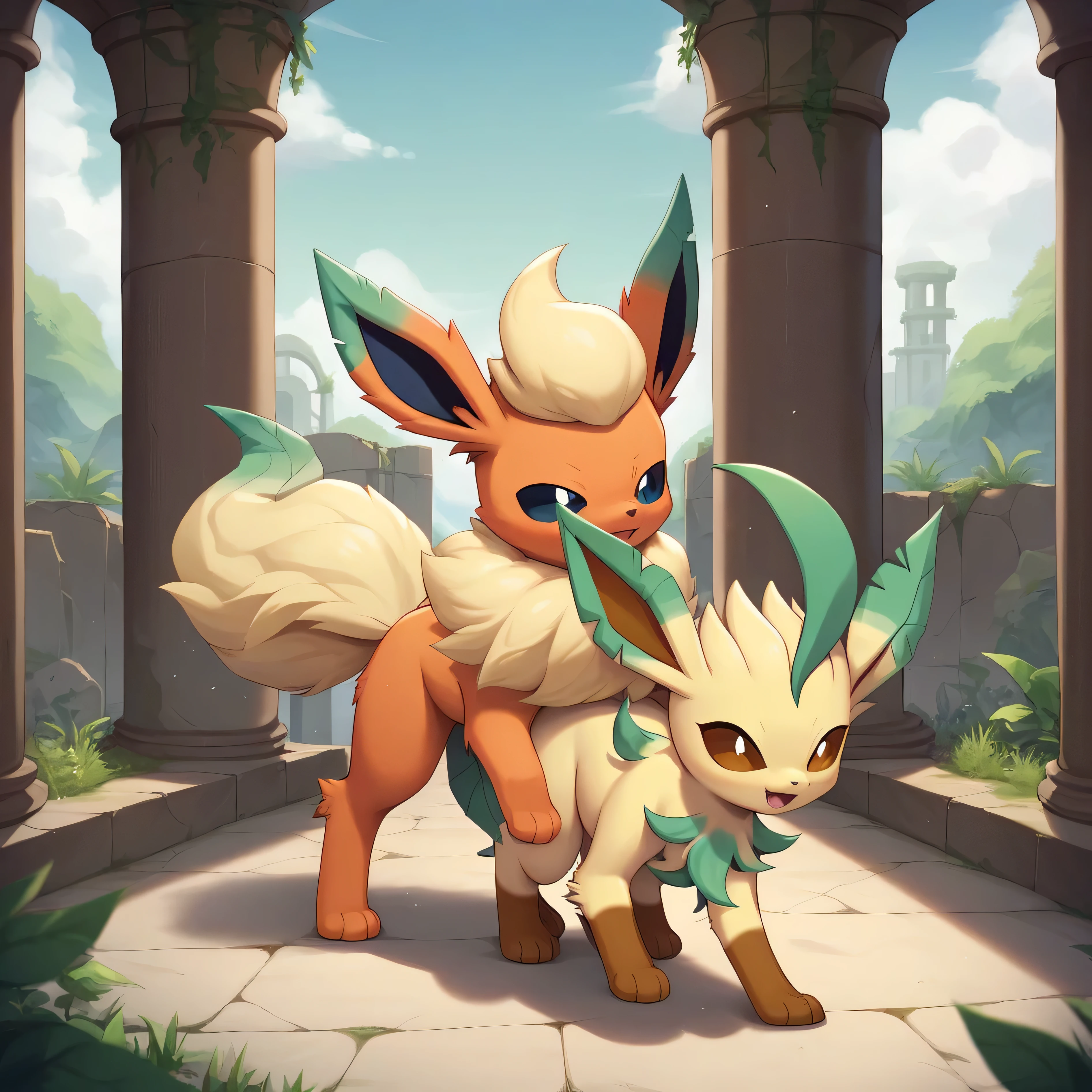 masterpiece:1.2, best quality, (highly detailed), score_9, score_8_up, score_7_up, full body shot, grasslands, mossy ruins in background, 1boy, 1girl, couple, leafeon, flareon, feral, pokemon, quadruped, long brown hair, feral mounting feral,