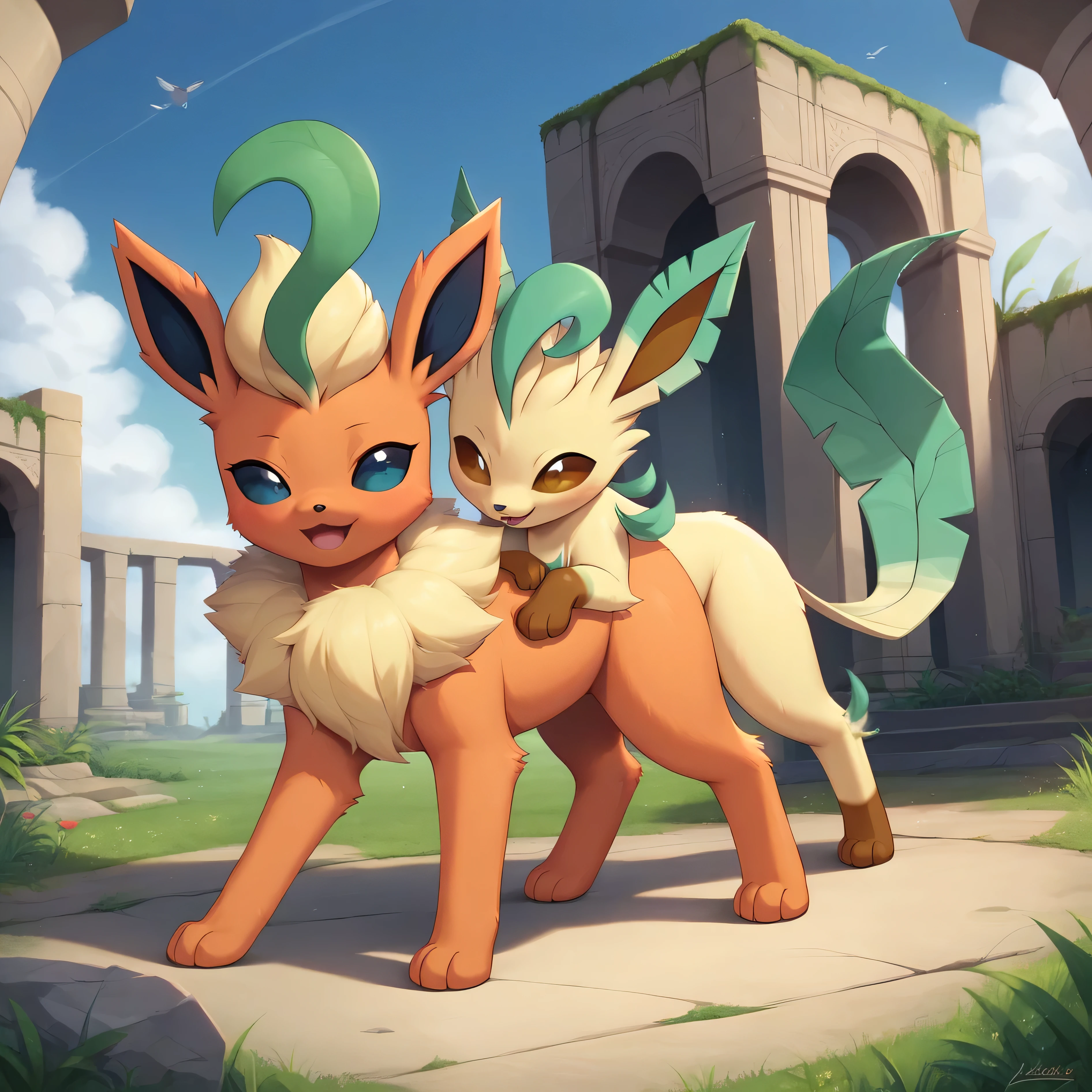 masterpiece:1.2, best quality, (highly detailed), score_9, score_8_up, score_7_up, full body shot, grasslands, mossy ruins in background, 1boy, 1girl, couple, leafeon, flareon, feral, pokemon, quadruped, long brown hair, feral mounting feral,