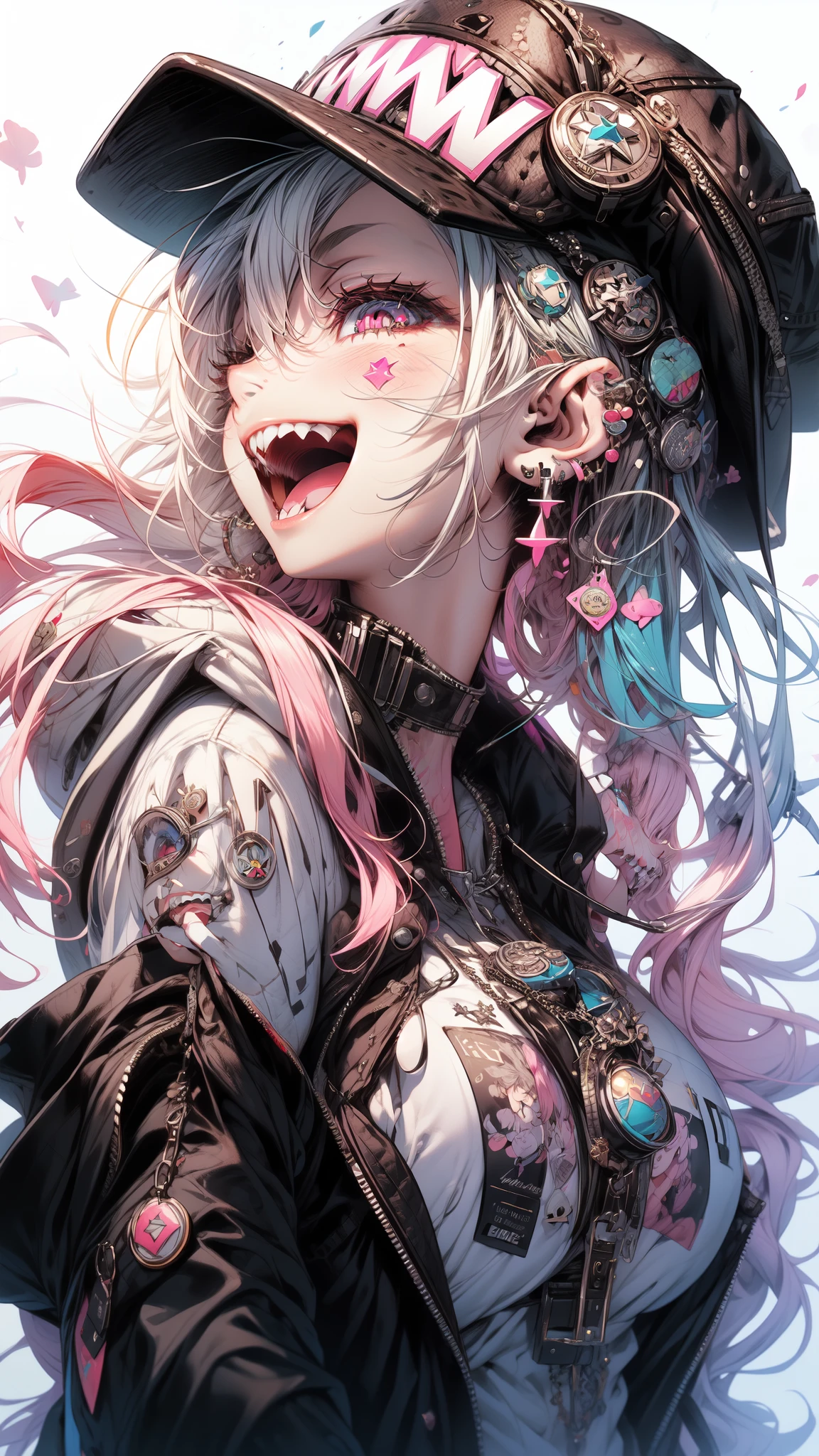 (masterpiece:1.2), best quality,PIXIV, beautiful Rebellious girl,portrait,
1girl, hat, open mouth, glossy lips, pink hair, solo, mischievous smile, long hair, white background, jewelry, badge, button badge, hood, pink eyes, earrings, simple background, harajuku inspired jacket, long eyelashes, from side, hood down, star (symbol), profile, upper body, clothes writing, zipper, collar, massive accentuated super huge enormously gigantic breasts, chain, sexy seductive, cherry blossoms blowing in the wind, hat ornament, piercing, barcode, portrait, sticker, hoodie, smile, spikes, baseball cap