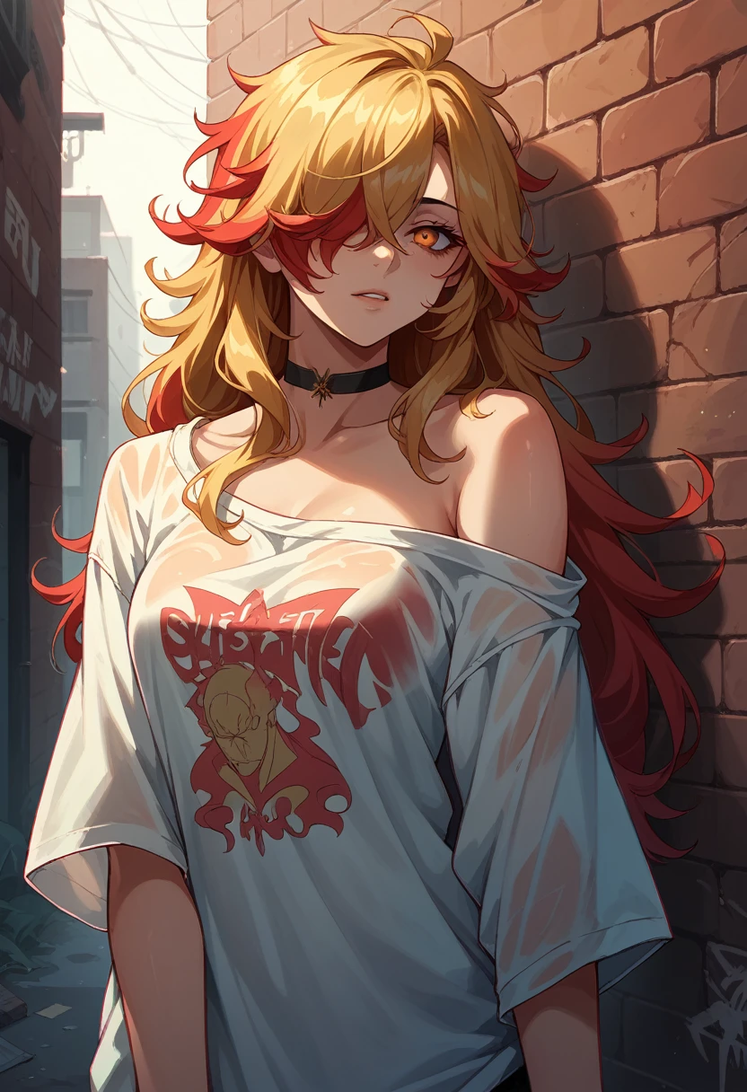 ultra realistic 8k cg, masterpiece, ((ultra detailed background, delicate pattern, intricate detail)), best quality, intricate details, chromatic aberration, 1girl, long hair, golden hair, messy hair, red highlights, hair over one eye, sharp eyes, choker, brick wall, graffiti, dim lighting, alley, oversized shirt,off shoulder, see through white shirt, Masterpiece, best quality