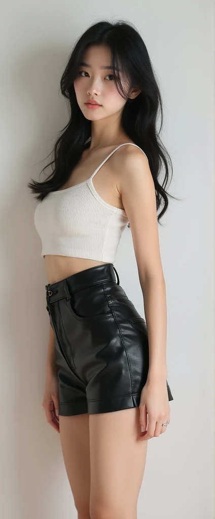 1girl, solo, long hair, pants, midriff, belt, black shirt, shirt, black pants, black hair, standing, jewelry, navel, looking at viewer, bracelet, short sleeves, crop top, brown hair,
wall behind, lips, hands in pockets,
