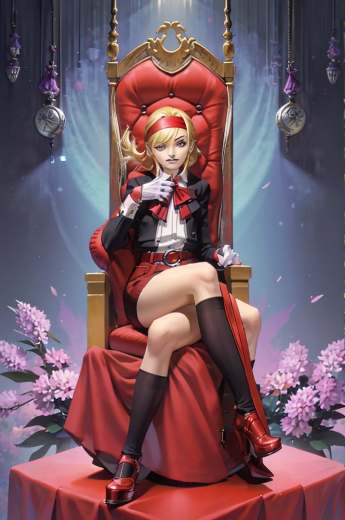 solo, girlfocus, 1girl, blonde emo hair covering left eye, purple suit, red neck tie, gloves, red shorts, belt, black socks, heels,silver buttons, red eyes, headband, white shirt, sitting on a throne