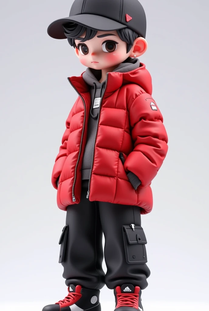 Loving cartoon model ， cute boy with big eyes，Red down jacket，Peaked Cap，Pockets more