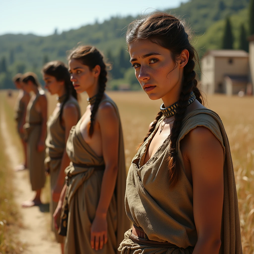 Serfdom in Russia 19th century Russian peasant serf girls dressed in peasant homespun canvas shirts and peasant sundresses , barefoot , sweaty hair braided, tanned, beautiful but unhappy, tired of corvee