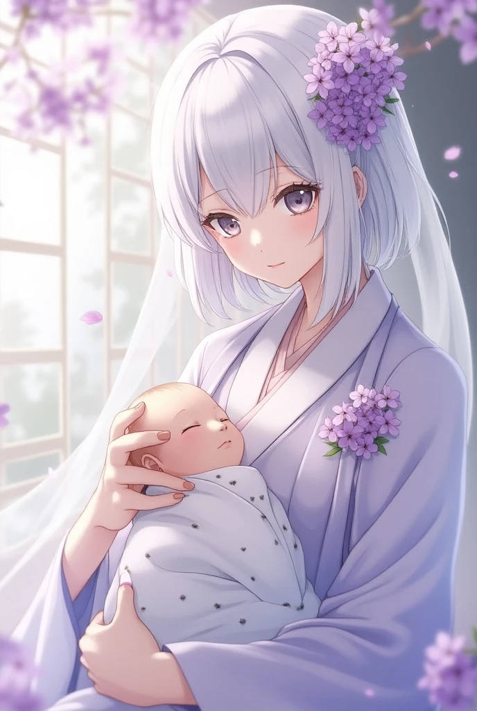  a female character with white hair and gray eyes wearing a Japanese outfit with veils and lilacs , You have your  in your lap , The babya newborn a  ( has his eyes closed),  she's already an adult anime art style ,  pfvr don't forget to do her with gray eyes ,  and she doesn't have to have huge ,  anime style Jujutsu Kaisen 