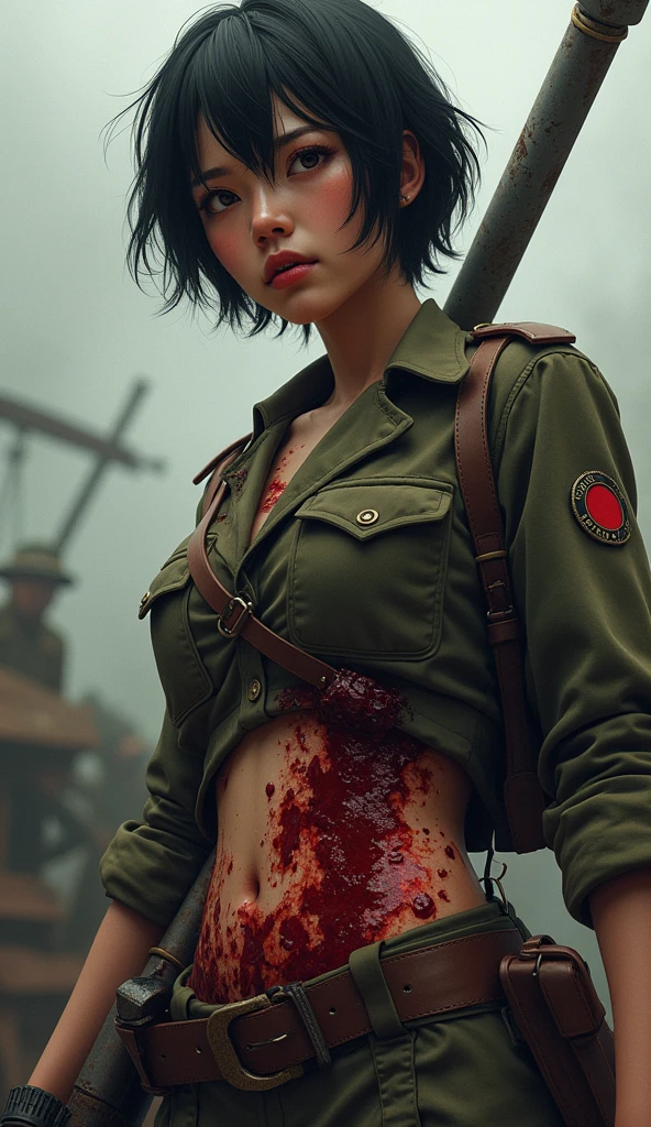 Photorealism a cover book, perhaps a bit masculine away with a short shaggy black hair, in front of the building standing, with military uniform in a zombie apocalypse, she's filled in blood. She has a masculine feature, almond eyes, with her mucsles