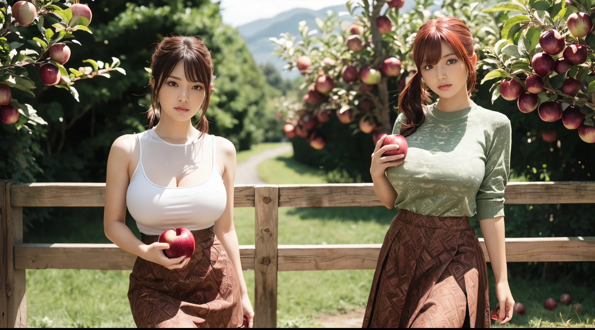 girl, solo, (holding apple:1.2), green traditional clothing, (gigantic breasts:1.2), snug clothing, pony tail, side bangs, looking at viewer, parted lips, red hair tie, (brown patterned skirt:1.2), village setting, woods railings,