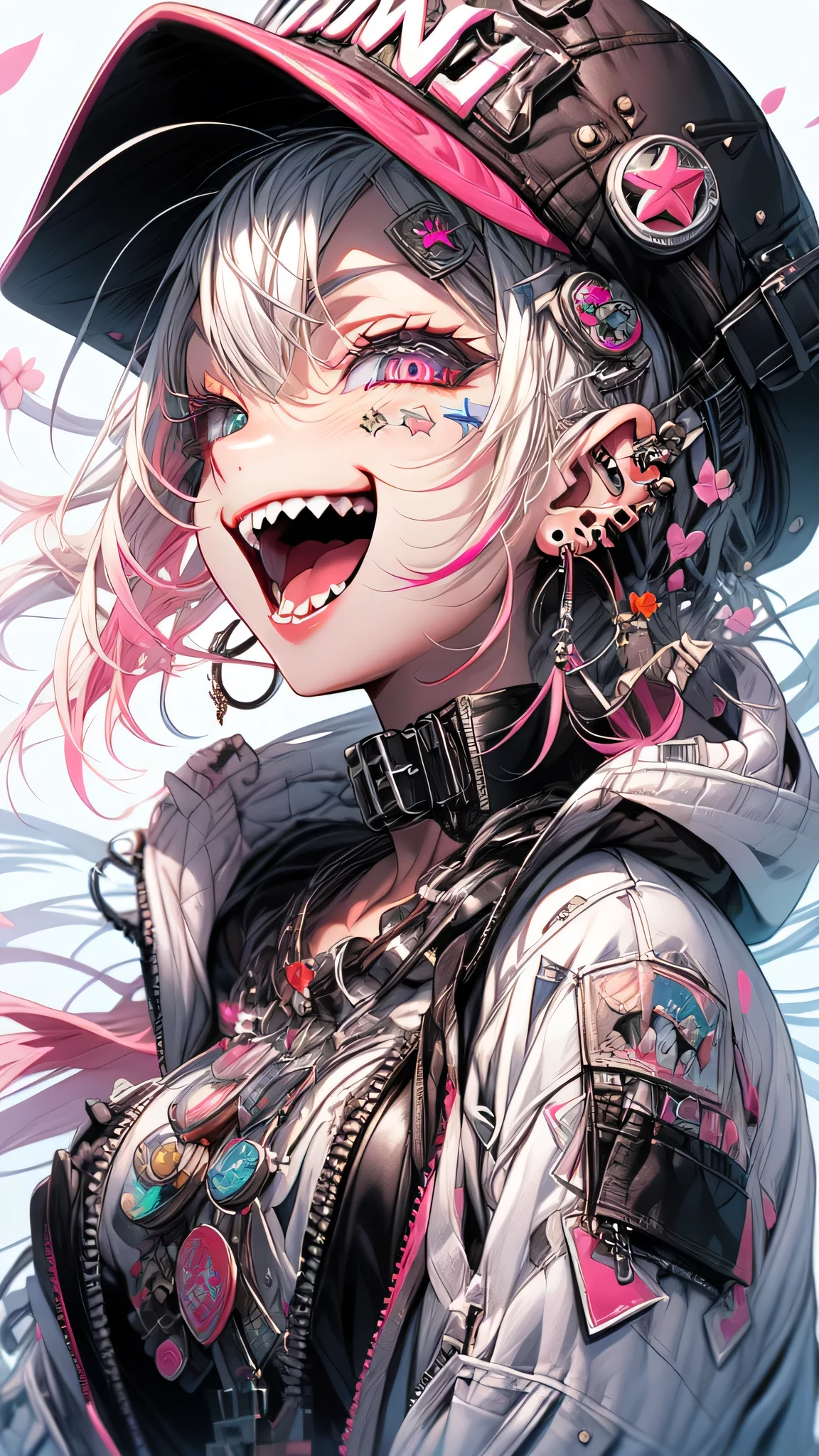 (masterpiece:1.2, detailed face, detailed eyes), best quality,PIXIV, beautiful Rebellious girl,portrait,
1girl, hat, open mouth, glossy lips, pink hair, solo, mischievous smile, long hair, white background, jewelry, badge, button badge, hood, pink eyes, earrings, simple background, harajuku inspired jacket, long eyelashes, from side, hood down, star (symbol), profile, upper body, clothes writing, zipper, collar, massive accentuated super huge enormously gigantic breasts, chain, sexy seductive, cherry blossoms blowing in the wind, hat ornament, piercing, barcode, portrait, sticker, hoodie, smile, spikes, baseball cap