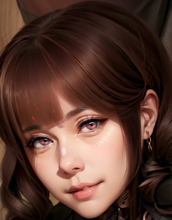   There is a woman with long hair wearing a suit and tie and , secretaria hiperrealistic, secretaria hiperrealistic, Realistic young anime girl   ,   anime-style realism   ,  estilo de arte anime realistic ,  estilo de arte de anime realistic , Estilo anime 3D realistic, portrait of an anime girl,    artwork in the style of Guweiz   , Detailed portrait of an anime girl,   incredible portrait of an anime face  .  model,   of German origin (beautiful,elegant,sexy)   y Asian   (beautiful,sexy,linda) ,   Just looking at the viewer  , (realistic:1.4), (:1.0),  slightly pink eyes ,   Round pupils   (perfecta), eyelashes(perfecta),form (perfecta),form(better light), beautiful eyes, shirt,  sleeveless jacket and gray color , black tie, (  brown hair color  ), Braid, (  cute crossover pigtails  :1.2), (   hairpin   ), (smile, sensual), ( while smiling slightly ),(Detailed, ultra-Detailed, high Detailed, ultra realistic 8k CG,   perfect artwork, lyrical), wooden table, flores, information, no profit 