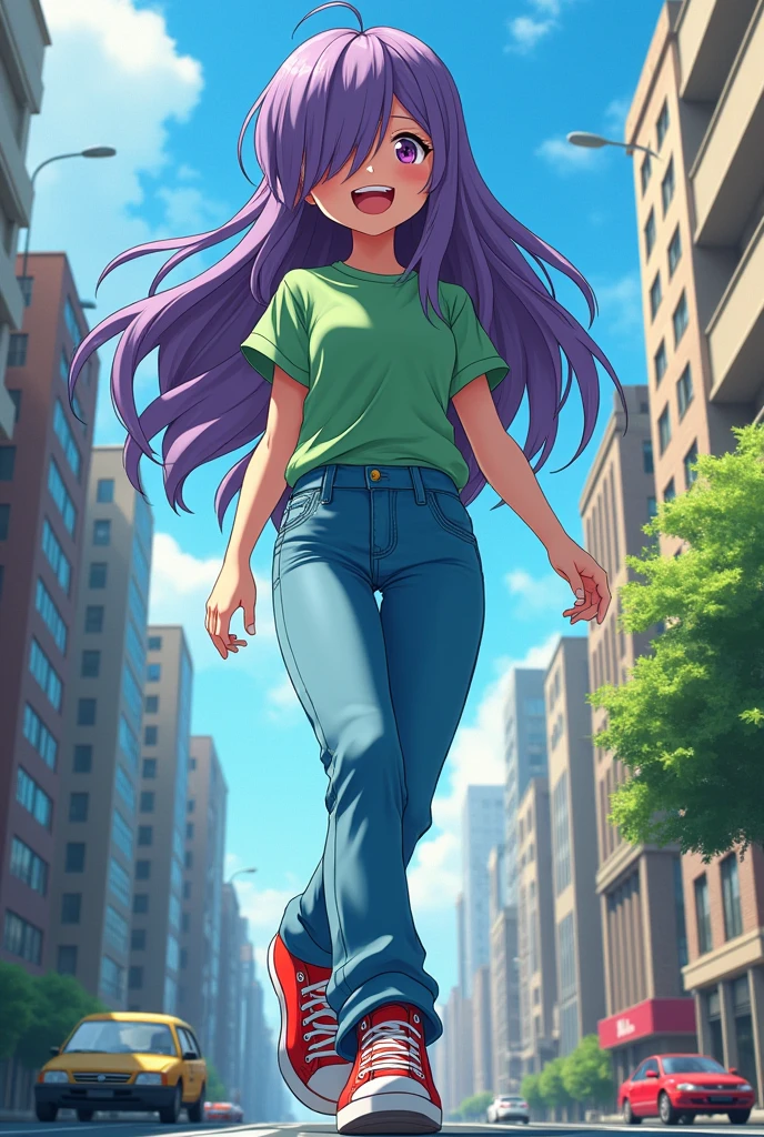 Anime giantess wearing a green shirt, jeans, and red sneakers. She has long purple hair with a bang of hat covering her right eye.  She looks happy and is taking big steps through a tiny city.