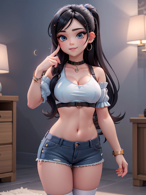 (best quality: 1.4), (glowing skin), body focus, (pretty face), (((best quality))), illustration, ((Pretty finger)), , Pretty body, Pretty character design, ,perfect lighting, colorful, Bright_Frontlighting, ultra high resolution, high resolution, absurd: 1.2, bokeh: 1.2, lens flare, (vibrant color: 1.2), (Pretty, medium breasts: 1.4),
black hair, long straight hair, (blue eyes: 1.2), black mini shorts, white top, Punk, hardcore, strong makeup, made-up face, black mouth, (chubby: 1), short stature, slight smile, facial piercings, accessories and adornments,