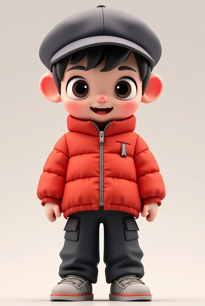 Loving cartoon model ， cute boy with big eyes，Big Head，Red down jacket，Peaked Cap，Pockets more