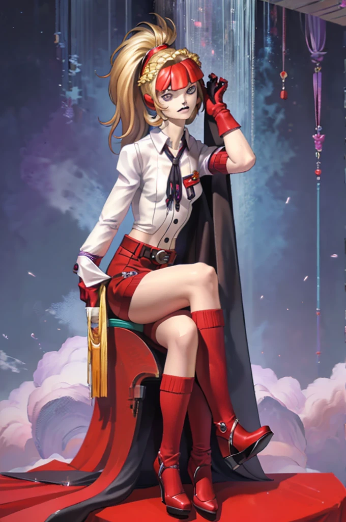 solo, girlfocus, 1girl, blonde emo hair covering left eye, purple suit, red neck tie, gloves, red shorts, belt, black socks, heels,silver buttons, red eyes, headband, white shirt, sitting on a throne