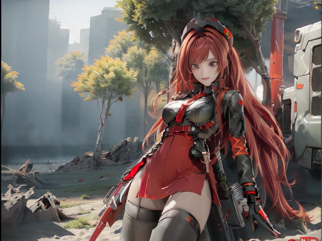 ((Best quality)), ((masterpiece)), (detailed:1.4), 3D, an image of a beautiful cyberpunk female, long burning red hair, burning hair, Red eyes, Black Barret Hat, Red Soldier Shirt, White undercloth, black panty, black skirt, black thick boot, long black kneesock, Grenade belt, Big chest, Big thigh, High thigh black knee sock, full view of girl, battlefield background, black combat boot, red necktie, black glove, black combat suit, black jacket, black cloak, black panty, ammo belt, HDR (High Dynamic Range),Ray Tracing,NVIDIA RTX,Super-Resolution,Unreal 5,Subsurface scattering,PBR Texturing,Post-processing,Anisotropic Filtering,Depth-of-field,Maximum clarity and sharpness,Multi-layered textures,Albedo and Specular maps,Surface shading,Accurate simulation of light-material interaction,Perfect proportions,Octane Render,Two-tone lighting,Wide aperture,Low ISO,White balance,Rule of thirds,8K RAW,