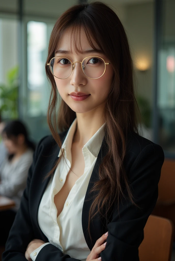 img_2030.cr2, 1 slender asian sexy woman, in the school, as teacher, with a fashionable Gold glasses,wearing a suits . Her atmosphere is very attractive and sexual 