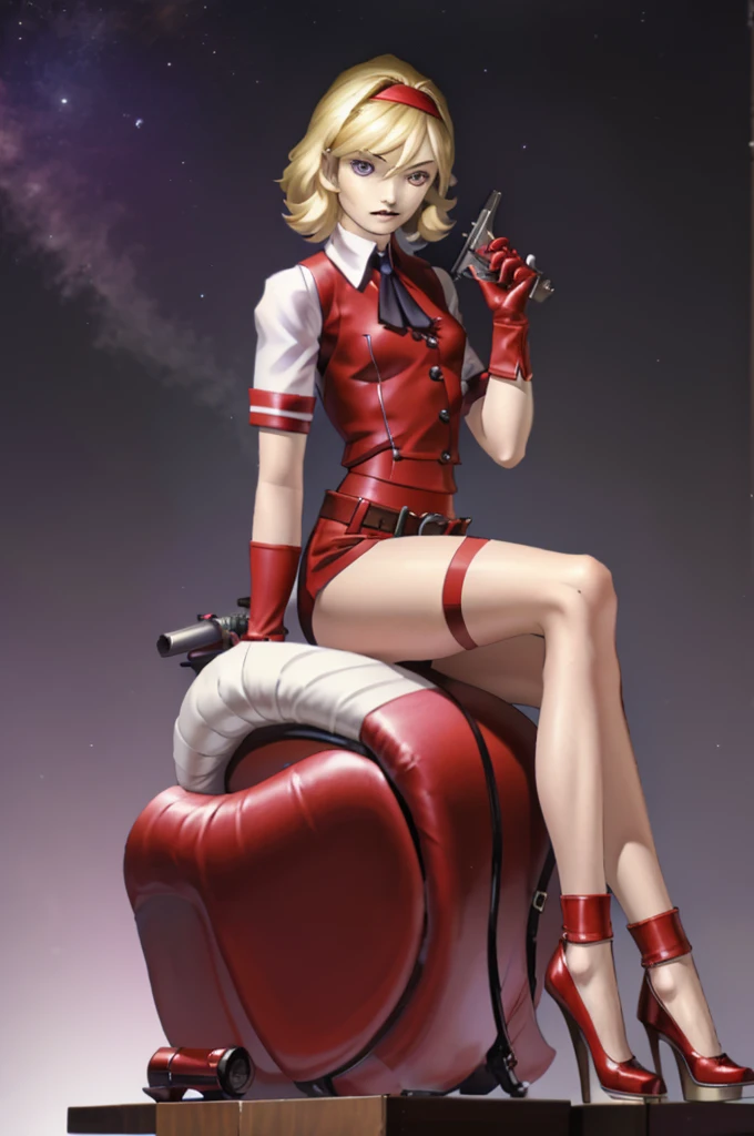 solo, girlfocus, 1girl, blonde emo hair covering left eye, purple suit, red neck tie, gloves, red shorts, belt, black socks, heels,silver buttons, red eyes, headband, white shirt, sitting on a throne, holding a gun