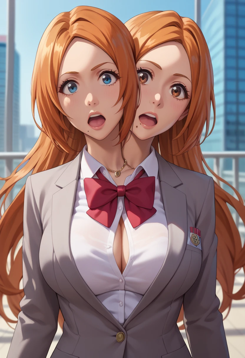 score_9_up, score_8_up, score_7_up,score_6_up, score_5_up, score_4_up, ,1 girls, solo, twoheads, 2heads, conjoined, inoue orihime, long hair, orange hair, brown eyes,
defran, short hair, hair between eyes, orange hair, blue eyes, mole under mouth, necklace, large breasts, school uniform, blazer, grey blazer, shirt, white shirt, collared shirt, bowtie, red bowtie, both head tries to pull the opposite way of the other head, surprised, distracted, uncoordinated, full shot, city background