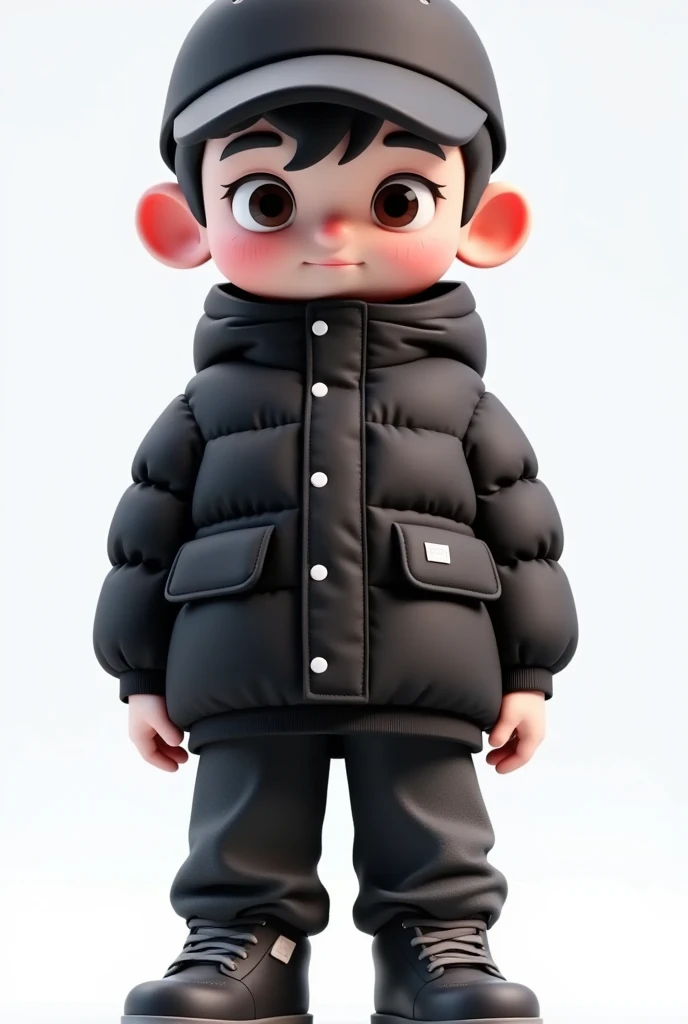 Loving cartoon model ， cute boy with big eyes，Big Head，black puffy down jacket，Peaked Cap，Pockets more