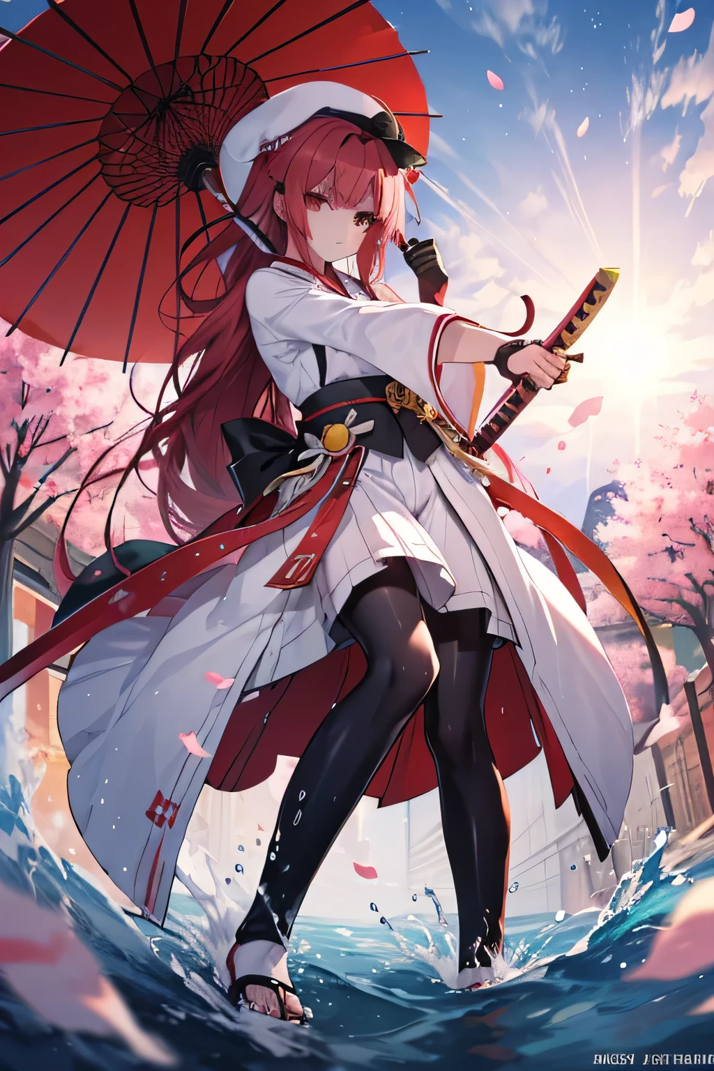  young girl brandishing a katana,  practicing , hat(white beret), Set yukata , black pantyhose,  mmorpg background ,  mmorpg background (A stranger), complete anatomy, graphic effects, first person, gentle breeze, umbrella, sun, Sakura petals,  threatening look( very good ),  looking at the spectator, Crystal clear water(Splashing), aura, Fighting pose, Cosmic essence around 