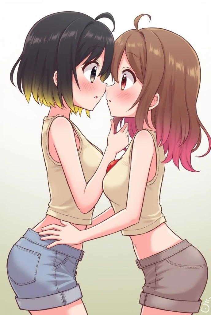 a couple of women sitting on top of a red stool, tumblr, sport bra and shorts, a hyperrealistic , lesbian kiss,