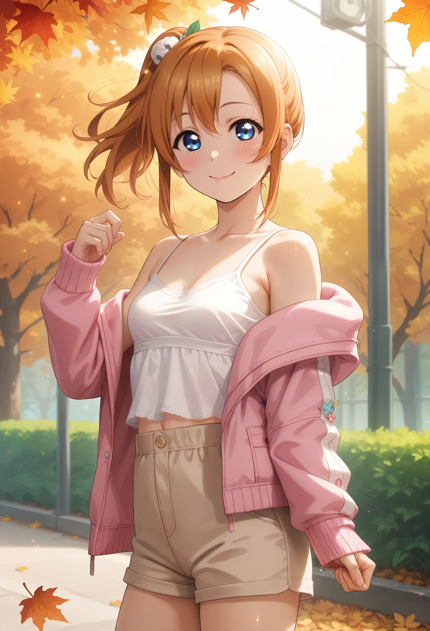 score_9, score_8_up, score_7_up, score_6_up,Shiny skin,kousaka honoka, blue eyes, orange hair, volumetric lighting, beautiful , Blushing, small breasts, looking at viewer, white camisole, light brown shorts,pink jacket, casual clothes,solo, seductive smile, tree , love live , ponytail,slim fit body, standing, cowboy shot ,autumn,leafs