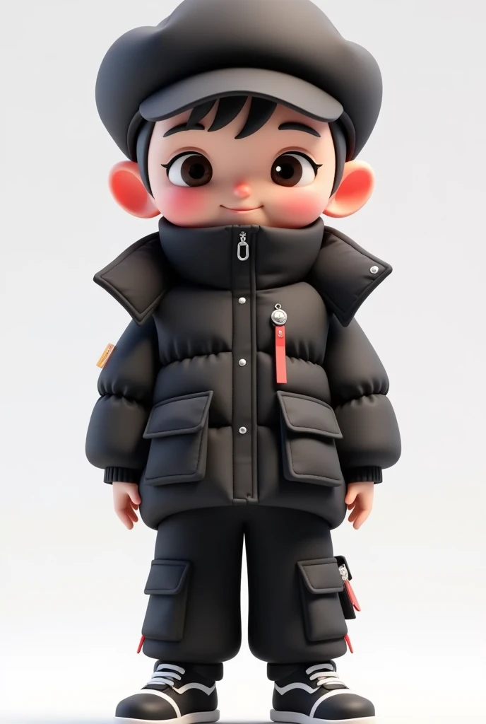 Loving cartoon model ， cute boy with big eyes，Big Head，black puffy down jacket，Peaked Cap，Pockets more，shoe