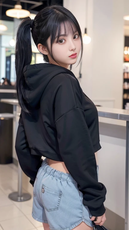8K), (highest quality: 1.2), (realistic), (realistic: 1.37), ultra high resolution, (3 girls),(straight black hair), Giant Dulcefo, self snap,(school uniform),(black hoodie),(White hot pants),Standing in the city at night, whole body,long legs,beautiful feet,From the back,(Super small ass:1.3),ponytail,The lower part of her buttocks is slightly exposed from her hot pants.,back view,(shot from behind:1.5),
