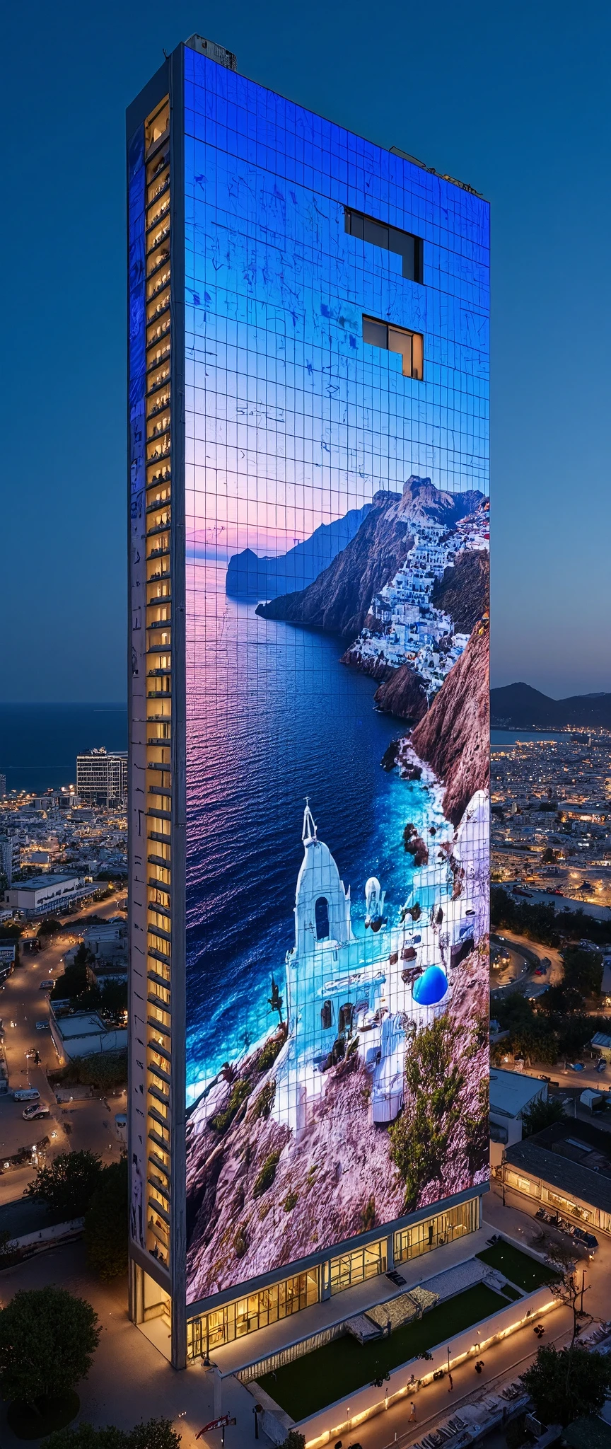 (masterpiece:1.2),(Best Quality),(Super detailed),(  Ultra High Definition),(  photorealistic),(  RAW Photos),16k, wallpaper,  close-up of a hotel building composed of multiple LED screens , Santorini landscape is depicted on every LED screen ,progressive,  Installation Art,(night)