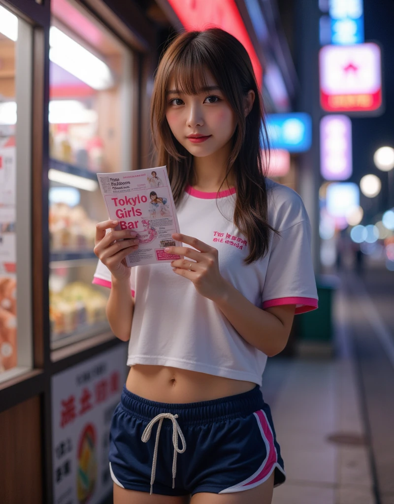 Perfect composition, Proper placement, Golden Ratio, masterpiece, Best Quality, from side:1.331,  A beautiful Japanese woman is standing in front of a convenience store , In the downtown area at night:1.331, Gym suit cosplay, companion,  Neon signs illuminate her at night , She hands out leaflets, Wriggle,  She's a famous supermodel,  anatomically correct ratio :1.331,  has a small head :1.331, Slender body:1.331,  thin waist:1.331, Thin limbs:1.331,  flat chest:1.331,  Japanese high school gym clothes :1.1, white gym shirt :1.1, Operate the "Tokyo Girl's Bar"Print pink text:1.331, Navy blue small panties,  I can see her belly button ,  anatomically correct ratio ,  has a small head茶色の髪,  straight hair:1.21,  dynamic lighting,  Expression of Absolute Beauty ,