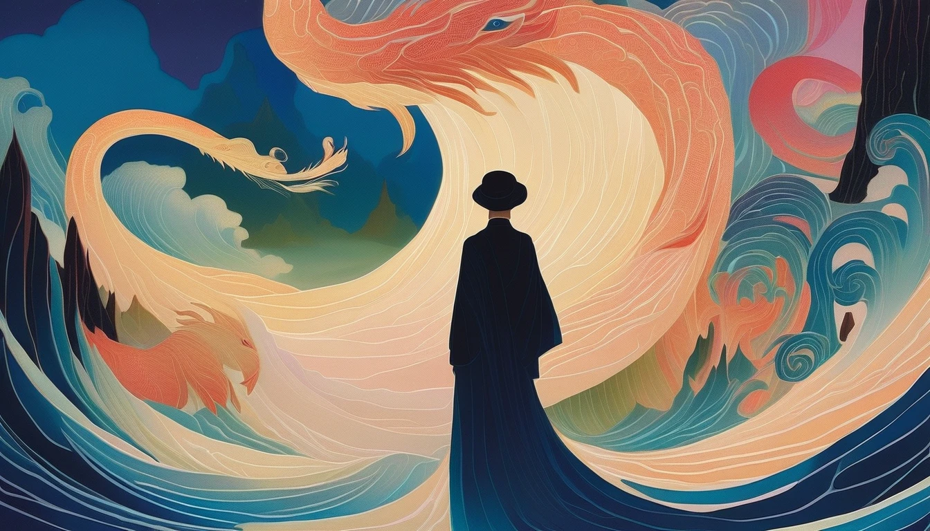  Marie Laurencin Style , beautiful details，  1 Beautiful Boy Standing in a Wave of Glowing Text，Beautiful Surreal ,   magic, Orientalism , (Kay Nielsen's (Kay Nielsen)   Illustration by Ryan McGinley   ( Pipilotti Cross ))、Men and dragons