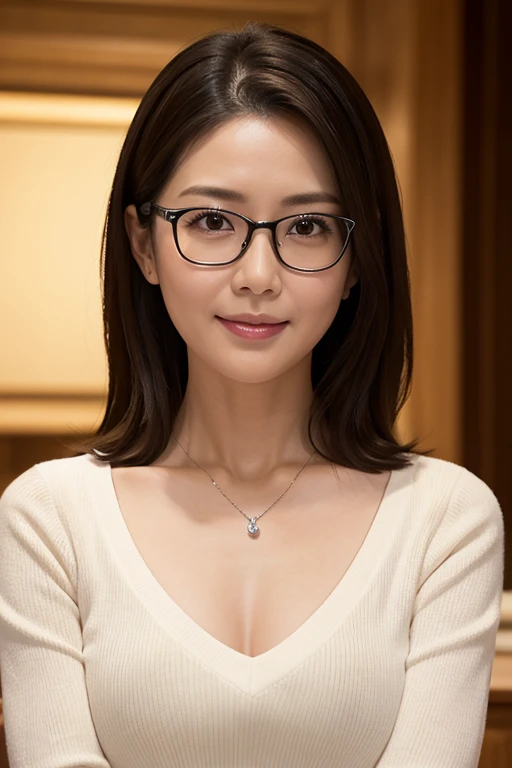 8k, highest quality, masterpiece, Realistic, Photorealistic, Ultra-detailed, Natural light, Shapely breasts, I can see her cleavage, 1 person, 35-year-old woman, Black Hair, Beaver, Straight Hair, Silver-rimmed glasses, (Look at the viewers), pendant, Light yellow knitted V-neck shirt, Highly detailed face and skin, Detailed eyes, Highly detailed face and skin
