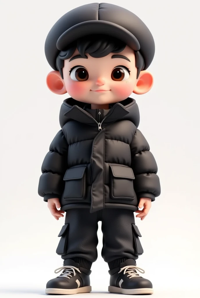 Loving cartoon model ， cute boy with big eyes，Big Head，black puffy down jacket，Peaked Cap，Pockets more，shoe