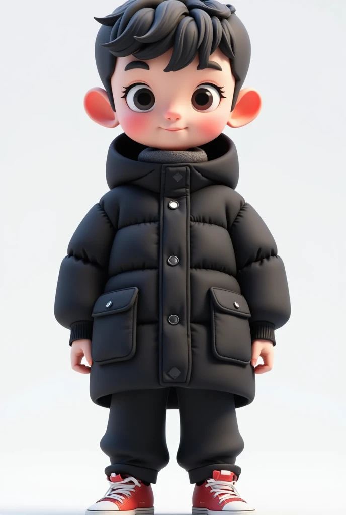 Loving cartoon model ， cute boy with big eyes，Big Head，black puffy down jacket，Pockets more，shoe