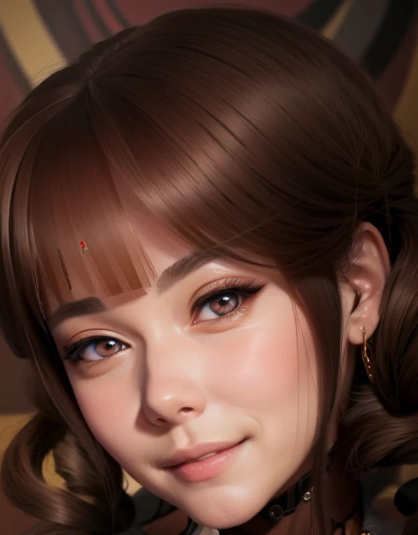   There is a woman with long hair who wears a suit and tie , secretaria hiperrealistic, secretaria hiperrealistic, Realistic young anime girl   ,   anime-style realism   ,  estilo de arte anime realistic ,  estilo de arte de anime realistic , Estilo anime 3D realistic, portrait of an anime girl,    artwork in the style of Guweiz   , Detailed portrait of an anime girl,   incredible portrait of an anime face  .  model,   of German origin (beautiful,elegant,sexy)   y Asian   (beautiful,sexy,linda) ,   Just looking at the viewer  , (realistic:1.4), (:1.0),  slightly pink eyes ,   Round pupils   (perfecta), eyelashes(perfecta),form (perfecta),form(better light), beautiful eyes, shirt,  sleeveless jacket and gray color , black tie, (  brown hair color  ), Braid, (  cute crossover pigtails  :1.2), (   hairpin   ), (smile, sensual), ( while smiling slightly ),(Detailed, ultra-Detailed, high Detailed, ultra realistic 8k CG,   perfect artwork, lyrical), wooden table, flores, information, no profit 