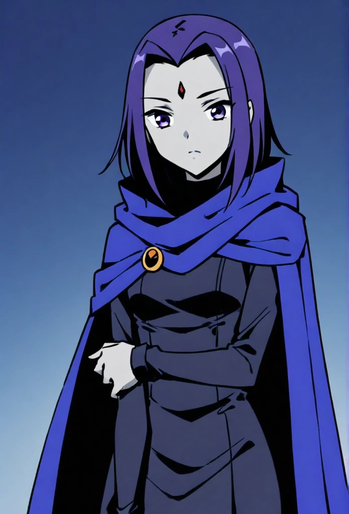 raven (dc), purple eyes,  grey skin, forehead jewel, blue cape covering whole body, long blue cape, , 