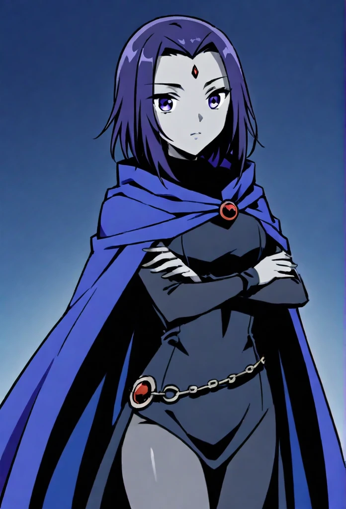 raven (dc), purple eyes,  grey skin, forehead jewel, blue cape covering whole body, long blue cape, , 