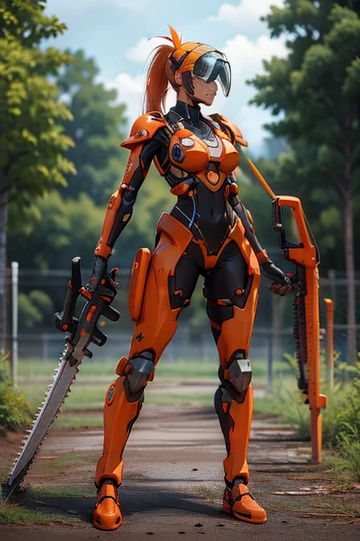 Orange-haired woman  ( ponytail ),  perfect body , using robotic armor inspired by Stihl chainsaws and brushcutters, wearing visor